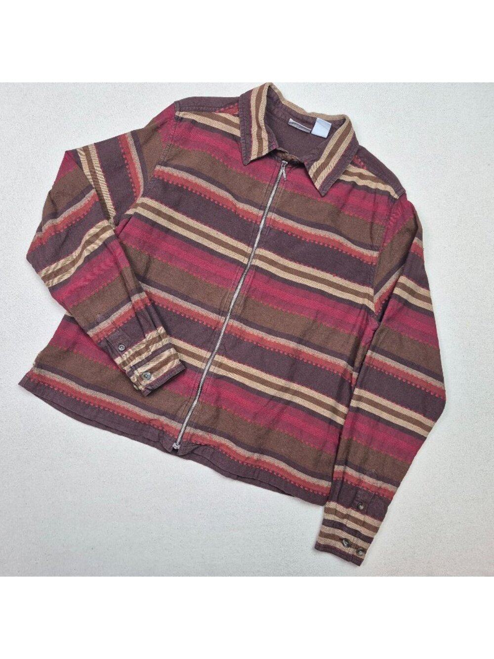 Cabin Creek Women's Denim Jean Jacket Red/Brown Stripe Full Zip Country Sz L VTG